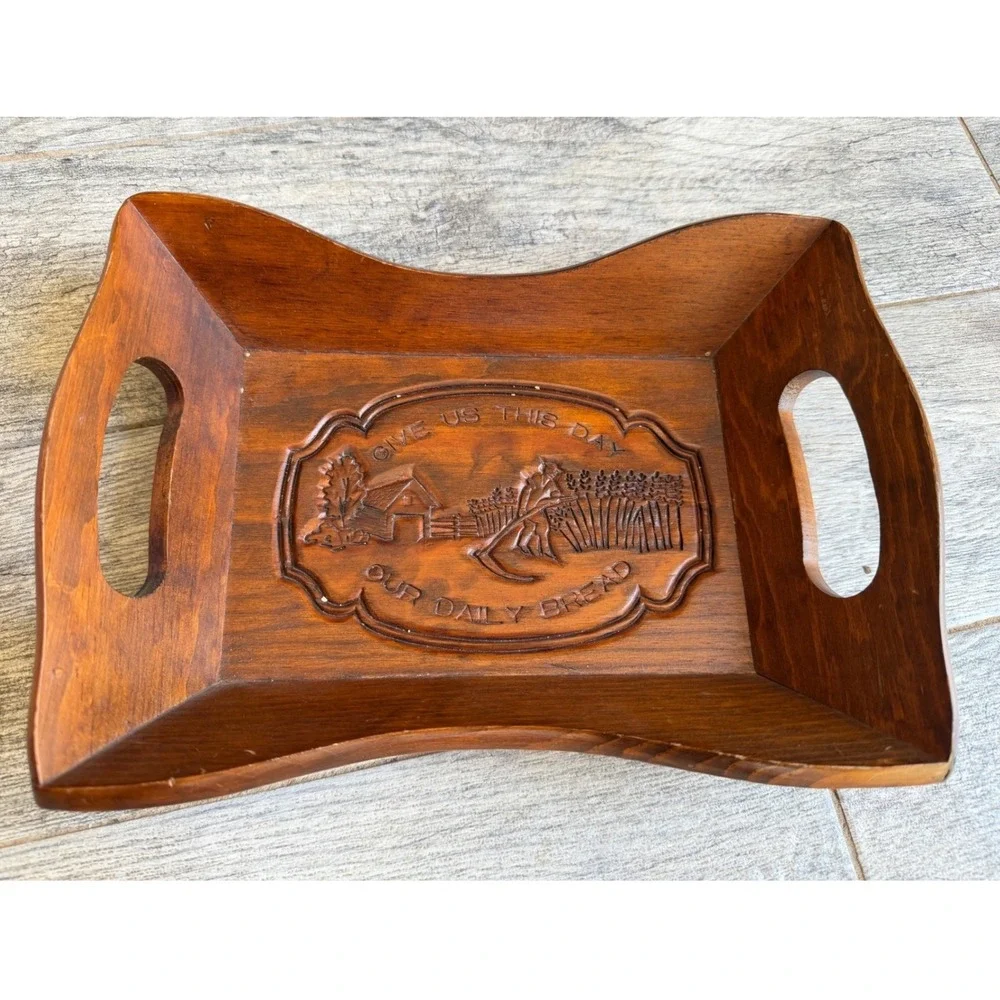 Wood‎ Bread Tray Engraved Give Us This Day Daily Cape Craftsmen Harvest Vintage